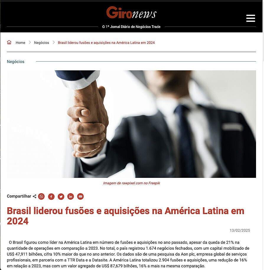 Brasil liderou fuses e aquisies na Amrica Latina em 2024